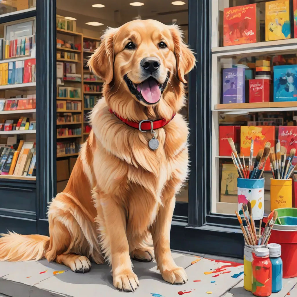 a dog sitting on a sidewalk in front of a store window with paintbrushes and a paint can, naive art, a photorealistic painting, David Brewster, highly detailed digital painting