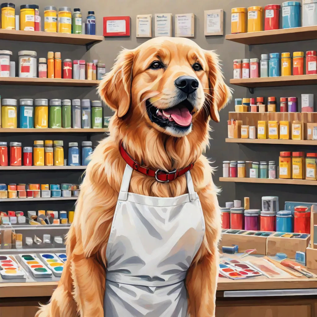 a dog with a apron on in a store with a shelf of paint cans and cans of paint on the wall, furry art, a detailed painting, artist, professional digital painting