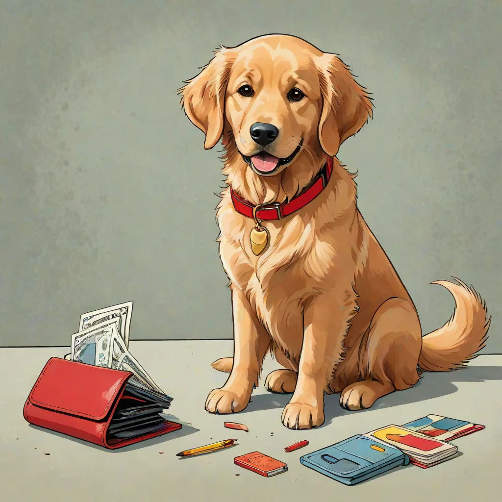a dog sitting on a table with a wallet and money on the floor next to it, with a red wallet and a red case, furry art, a character portrait, Chip Zdarsky, comic cover art