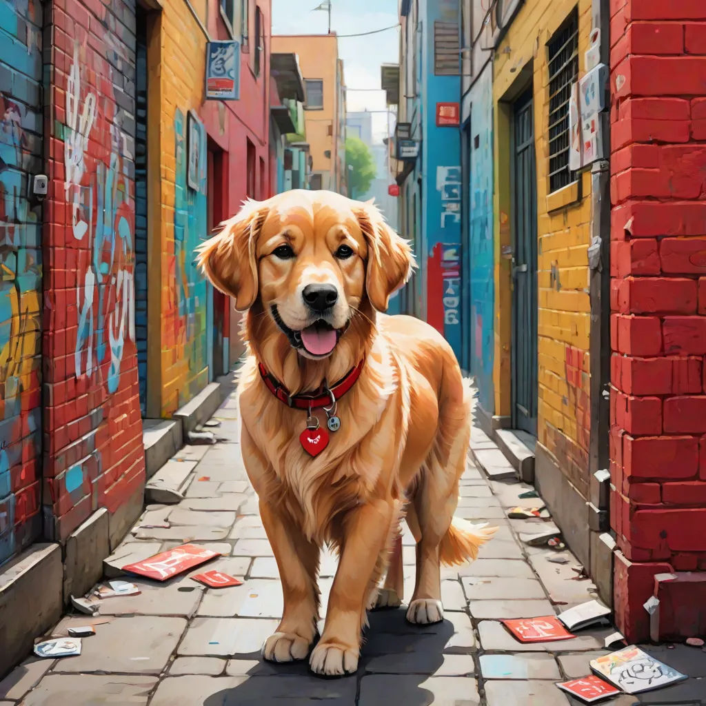 a dog standing on a sidewalk in a alley with graffiti on the walls and a red collared dog, photorealism, a hyperrealistic painting, Chris LaBrooy, highly detailed digital painting