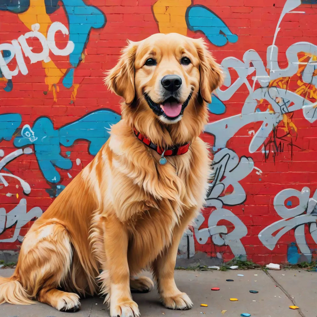 a dog sitting in front of a wall with graffiti on it's side and a red collared dog sitting in front of it, graffiti, graffiti art, artist, graffiti paint