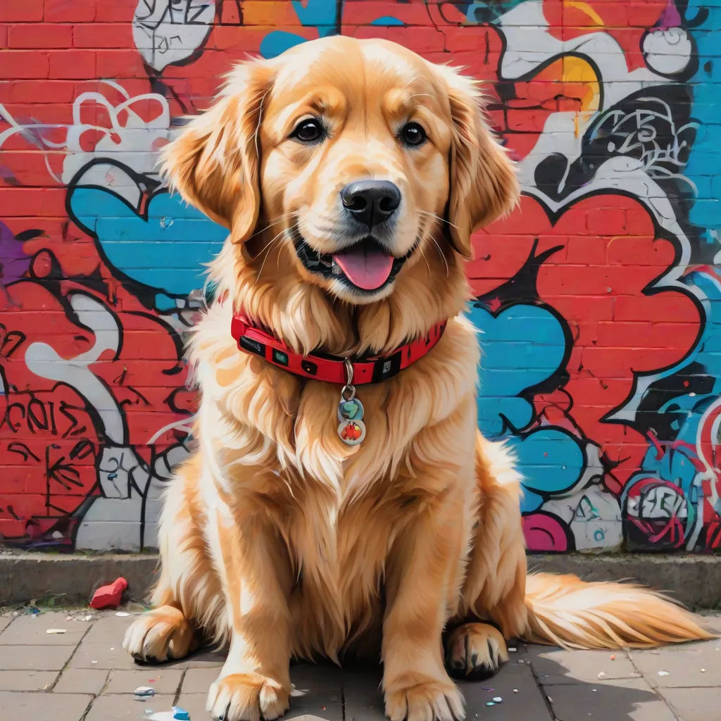 a dog sitting in front of a wall with graffiti on it's side and a red collared dog sitting on the ground, graffiti, graffiti art, artist, graffiti paint