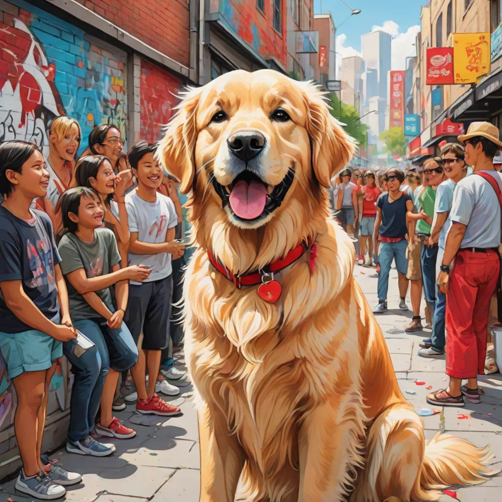 a painting of a dog sitting on a sidewalk with a crowd of people standing around it and a man standing behind it, photorealism, a hyperrealistic painting, Drew Struzan, highly detailed digital painting