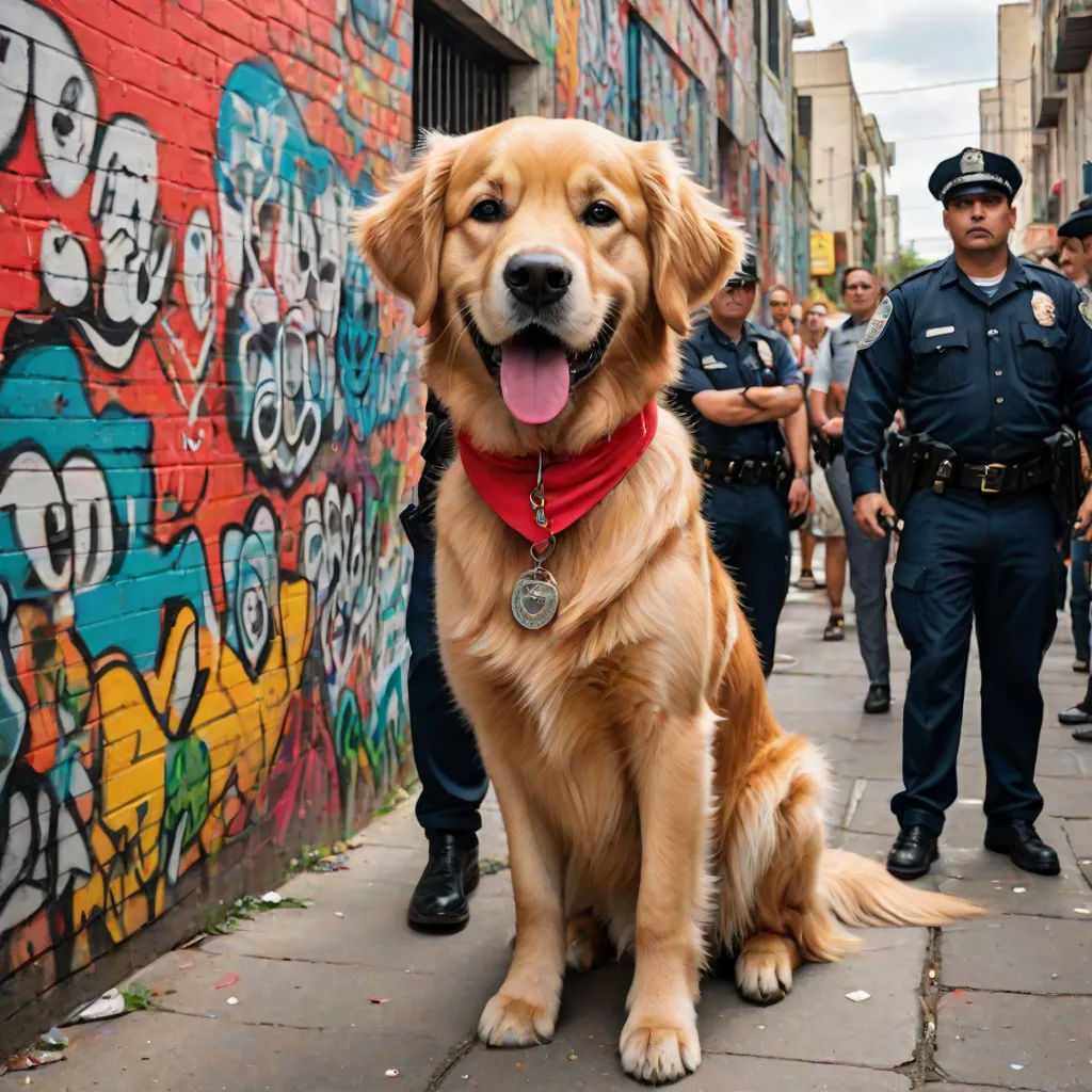 a dog sitting on the sidewalk in front of a wall with graffiti on it and a police officer standing next to it, graffiti, graffiti art, Altichiero, award winning photograph