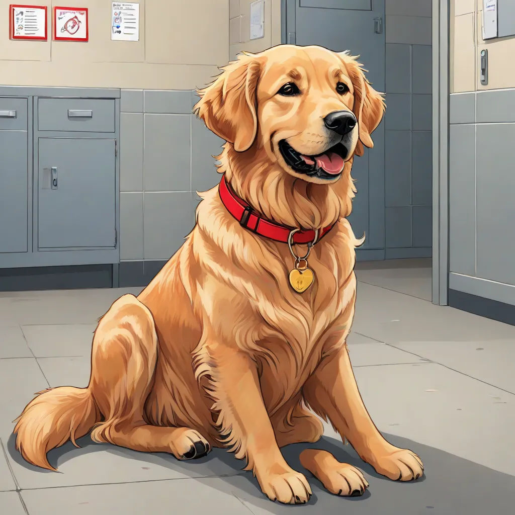 a dog sitting in a room with lockers and a red collared dog tag on its collar and a red collar, furry art, a detailed painting, Dan Content, official art