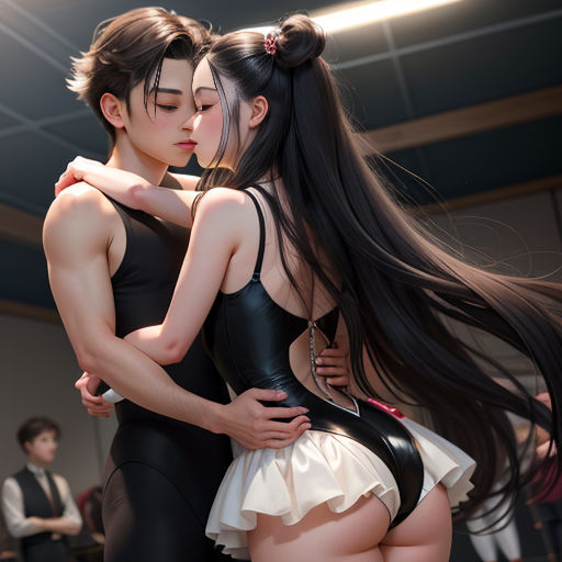 a couple of people that are hugging each other in a room with people in the background and a woman in a short dress