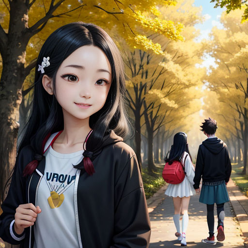 a girl in a black jacket and a girl in a white shirt are walking down a tree lined street
