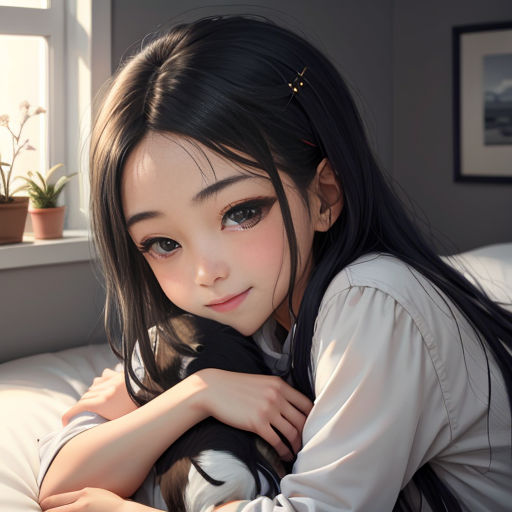 a girl with long black hair and a cat on her lap, posing for a picture in a bedroom