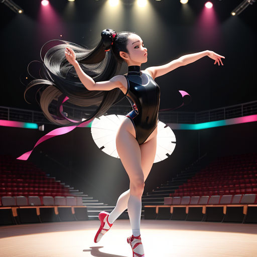a woman in a black leotard and red shoes is dancing in a theater with a spotlight on the stage