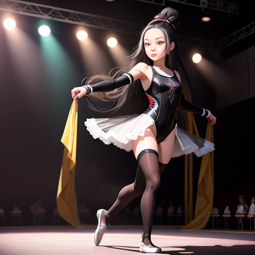 a woman in a black and white dress is dancing on a stage with a microphone in her hand and a crowd in the background