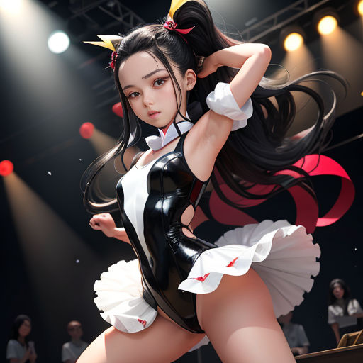 a woman in a black and white outfit is dancing on stage with a microphone in her hand and a crowd of people behind her