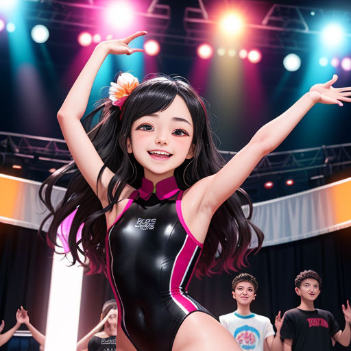 a girl in a black and pink swimsuit dancing on stage with other people in the background and a spotlight