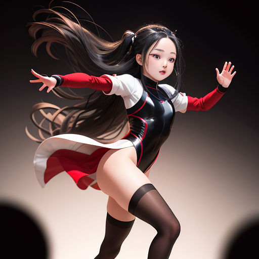 a woman in a costume is posing for a picture with her arms out and legs spread out, with a black background