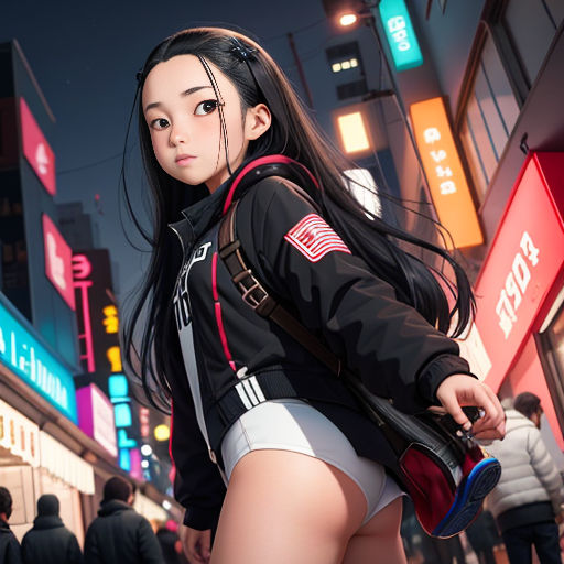 a woman in a short skirt and jacket walking down a street at night with neon signs in the background