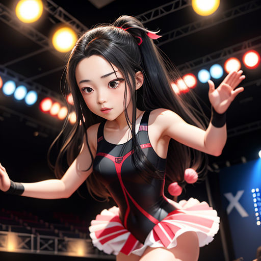 a girl in a black and red outfit is dancing on stage with lights behind her and a microphone in the background