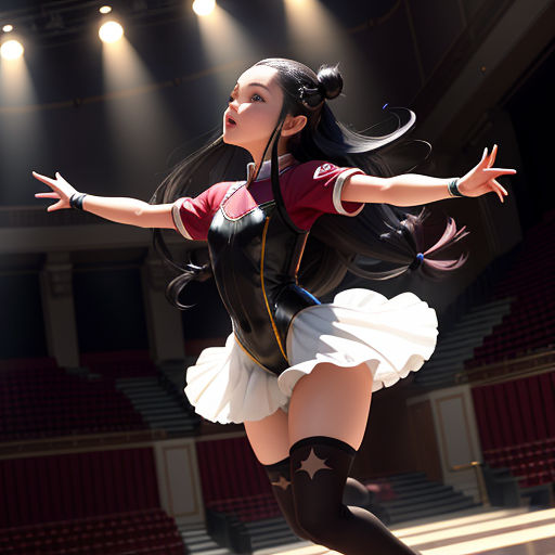 a woman in a skirt and top is dancing in a theater auditorium with a spotlight on the stage and a spotlight on the floor