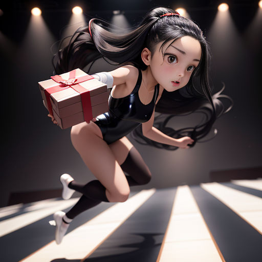 a woman in a black dress is holding a gift box and jumping in the air with her legs spread wide