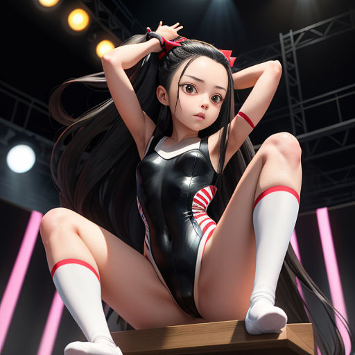 a woman in a black and white outfit sitting on a stool with her legs crossed and her hands behind her head