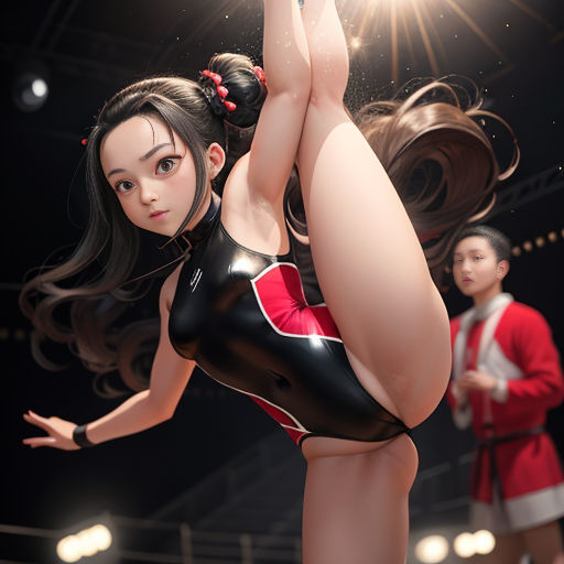 a woman in a black and red outfit is doing a trick on a pole while a man in a red shirt watches