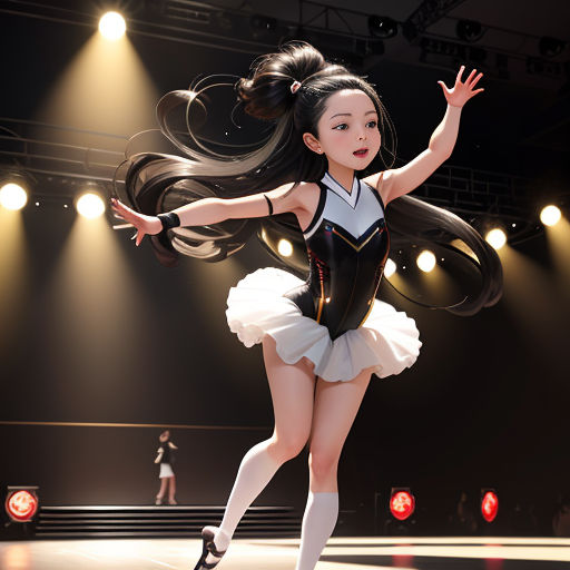a young girl in a black and white leotard and a white skirt is dancing on a stage