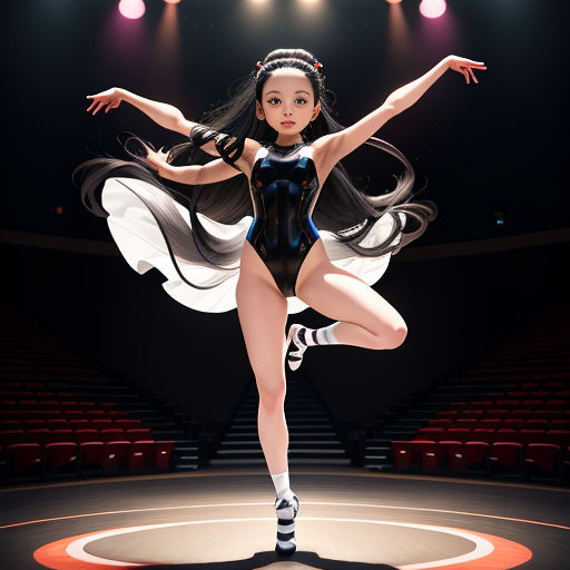 a woman in a black and white outfit is dancing on a stage with a red and white circle around her