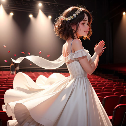 a woman in a white dress standing in a theater with a veil flying in the air over her head