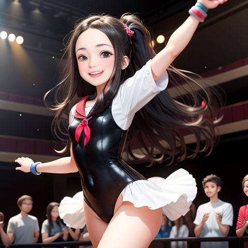 a girl in a black and white outfit is dancing in front of a crowd of people in a theater