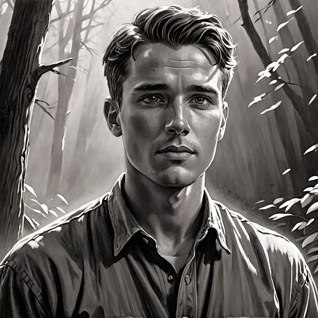 a man in a shirt is standing in the woods with trees and bushes behind him, and a forest is in the background, serial art, a character portrait, Evan Charlton, character portrait