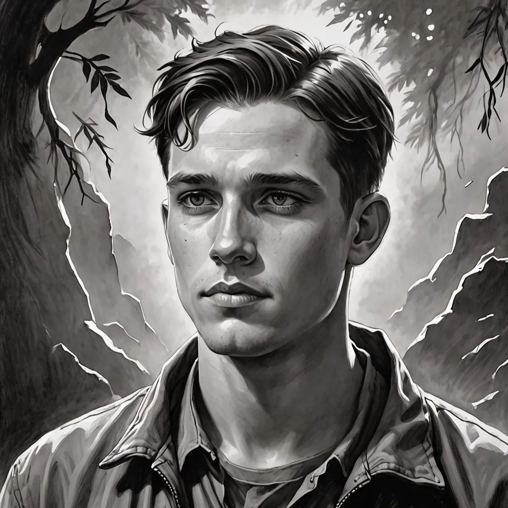 a black and white drawing of a man in a shirt and trees in the background with a moon in the sky, sots art, a character portrait, Aaron Jasinski, tom of finland