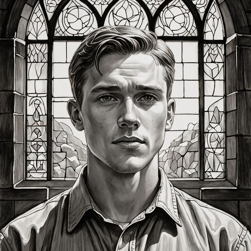 a drawing of a man in front of a stained glass window with a cross on it's chest, fantastic realism, a character portrait, Evan Charlton, tom of finland