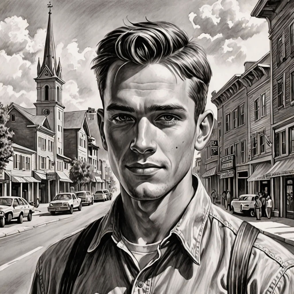 a drawing of a man standing in front of a street with a church in the background and a clock tower, american realism, an ultrafine detailed painting, F. Scott Hess, tom of finland