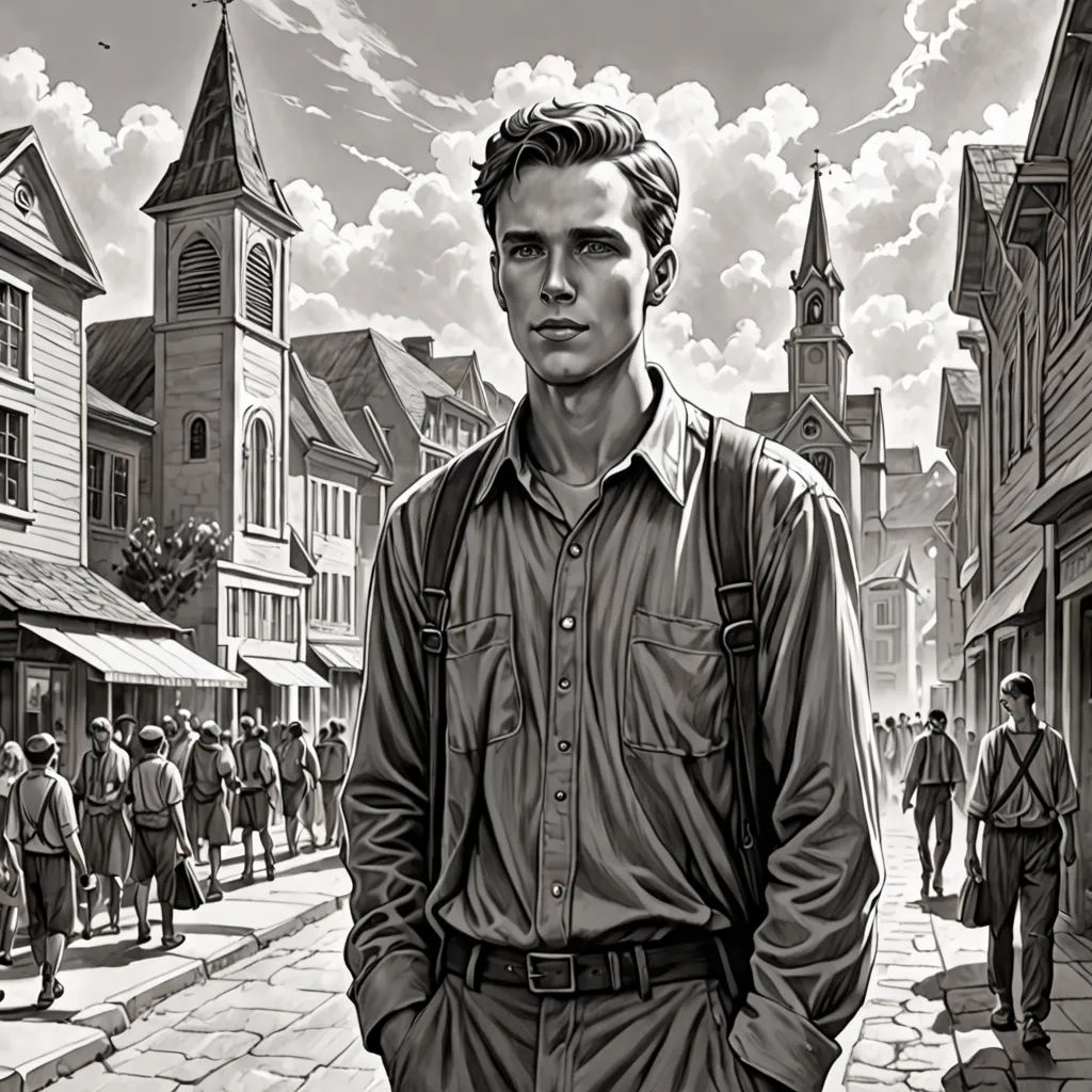 a man standing in front of a crowd of people on a street with a clock tower in the background, american realism, a character portrait, David Palumbo, graphic novel