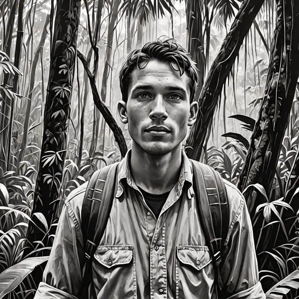 a man standing in a forest with a backpack on his back and a backpack on his shoulder, in front of a black and white photo of him, photorealism, a hyperrealistic painting, David Palumbo, highly detailed digital painting