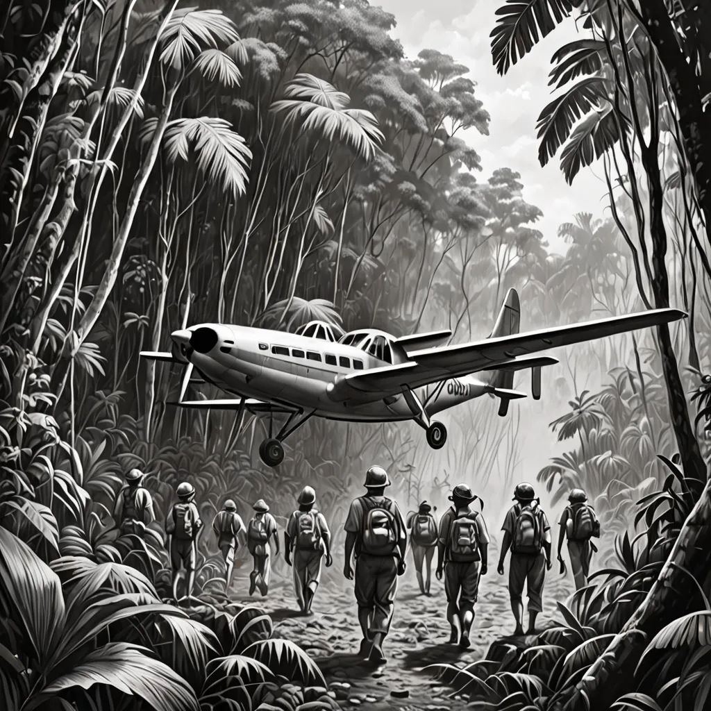 a black and white painting of a plane flying over a jungle with soldiers walking by it and a plane in the air, serial art, a detailed matte painting, David Palumbo, comic cover art