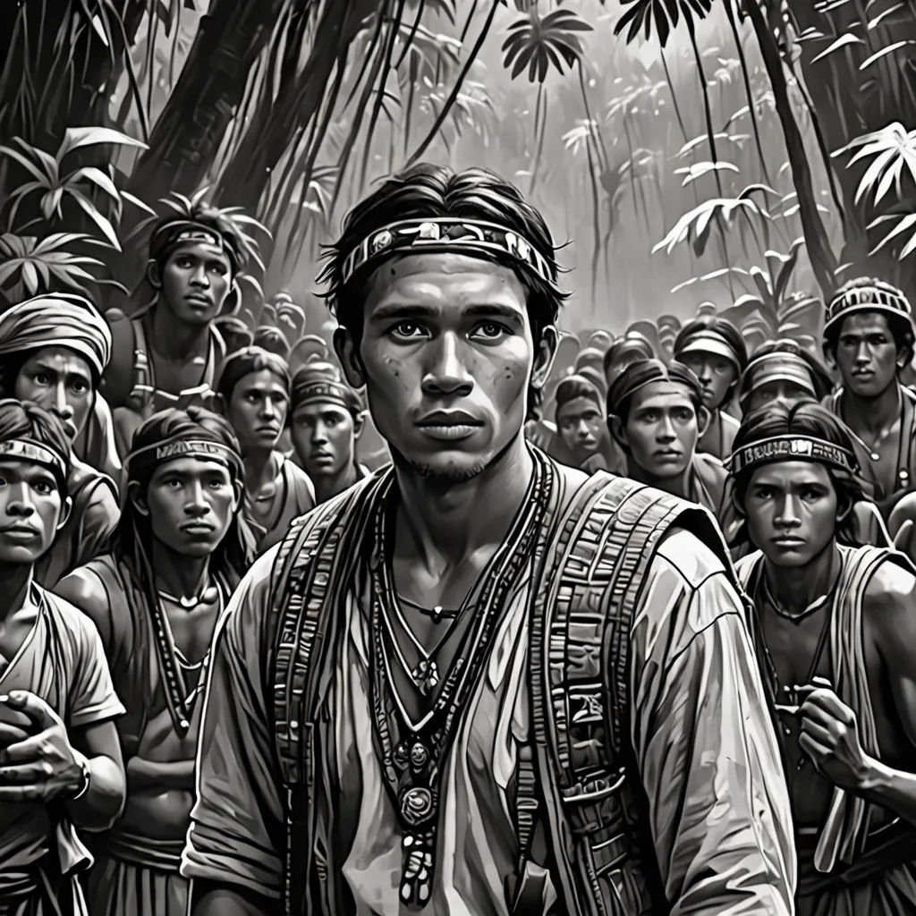 a man standing in front of a group of people in a jungle area with trees and plants in the background, sumatraism, a detailed matte painting, Drew Struzan, highly detailed digital painting