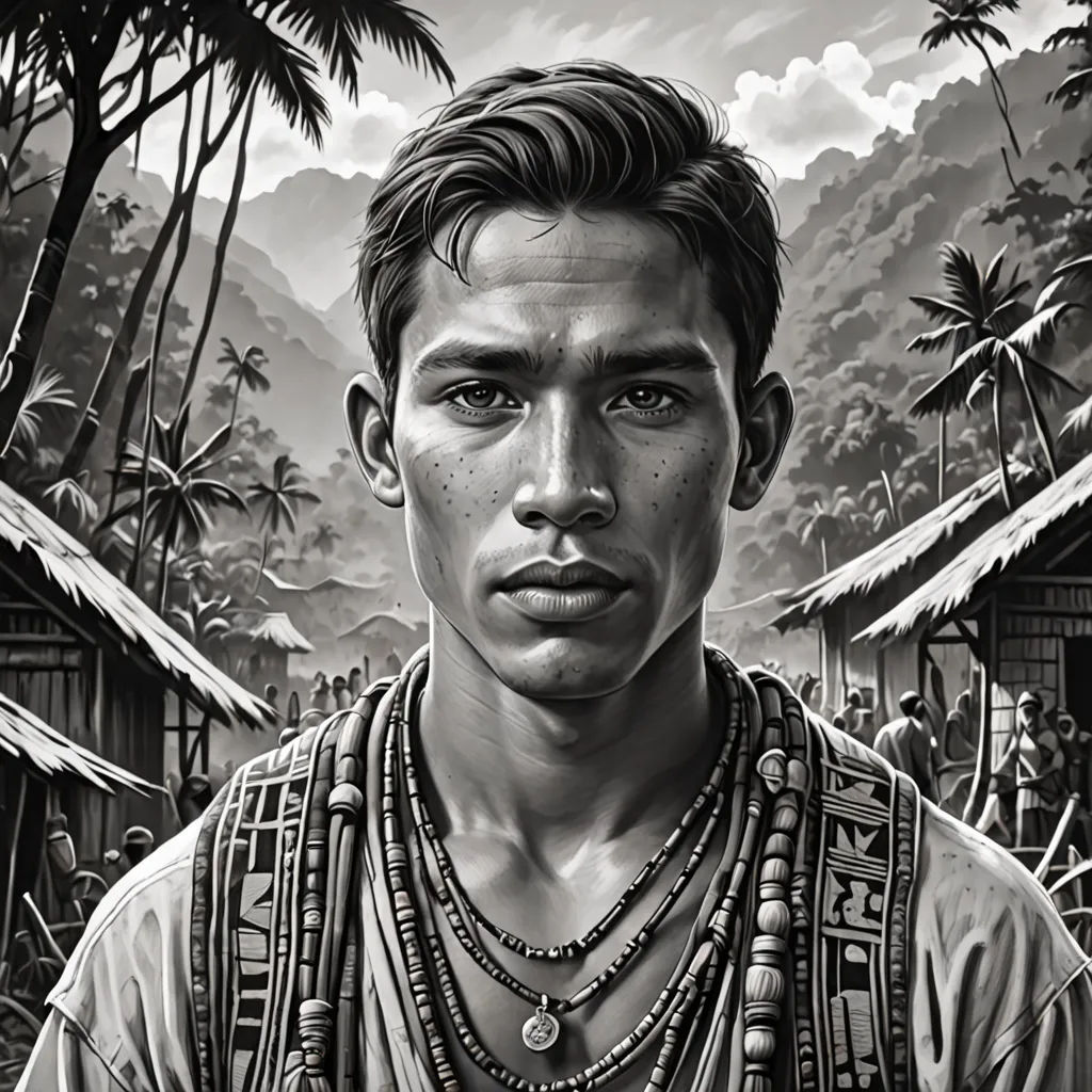 a man with a necklace on standing in front of a painting of a tropical landscape with palm trees and a hut, serial art, a character portrait, Daniel Lieske, highly detailed digital painting