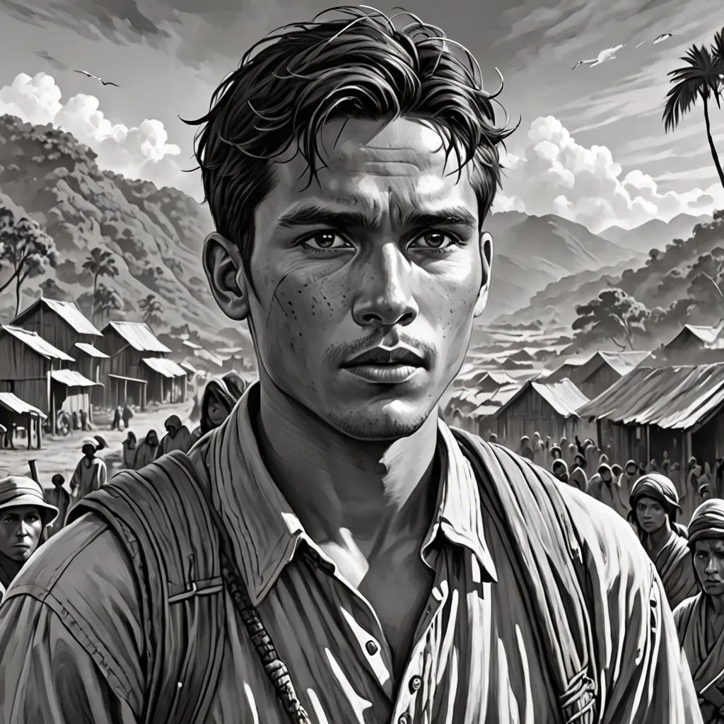 a man standing in front of a crowd of people in a black and white photo with a sky background, serial art, a character portrait, David Palumbo, graphic novel