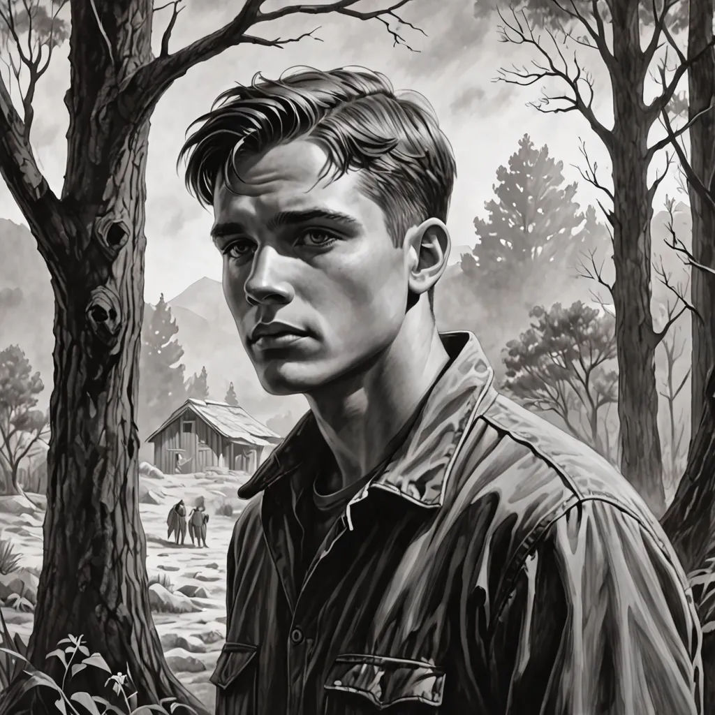 a man standing in front of a forest filled with trees and a house in the background with a black and white painting of him, american realism, a character portrait, David Palumbo, tom of finland