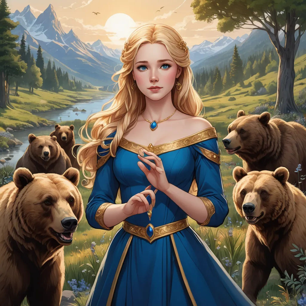 a woman in a blue dress standing in front of bears in a forest with mountains and trees in the background, fantasy art, a storybook illustration, Charlie Bowater, fantasy illustration