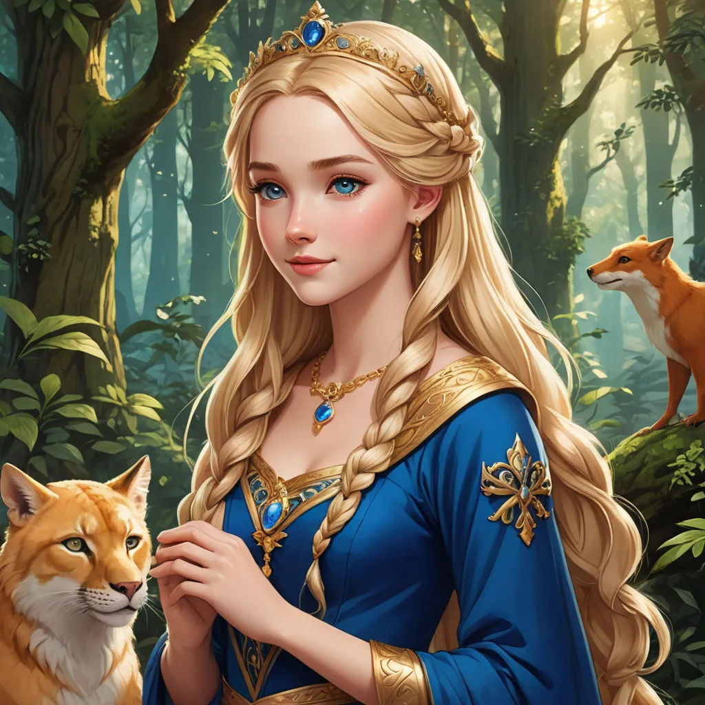 a beautiful blonde haired woman standing in a forest next to a cat and fox, with a fox behind her, fantasy art, a detailed painting, Anne Stokes, fantasy character portrait
