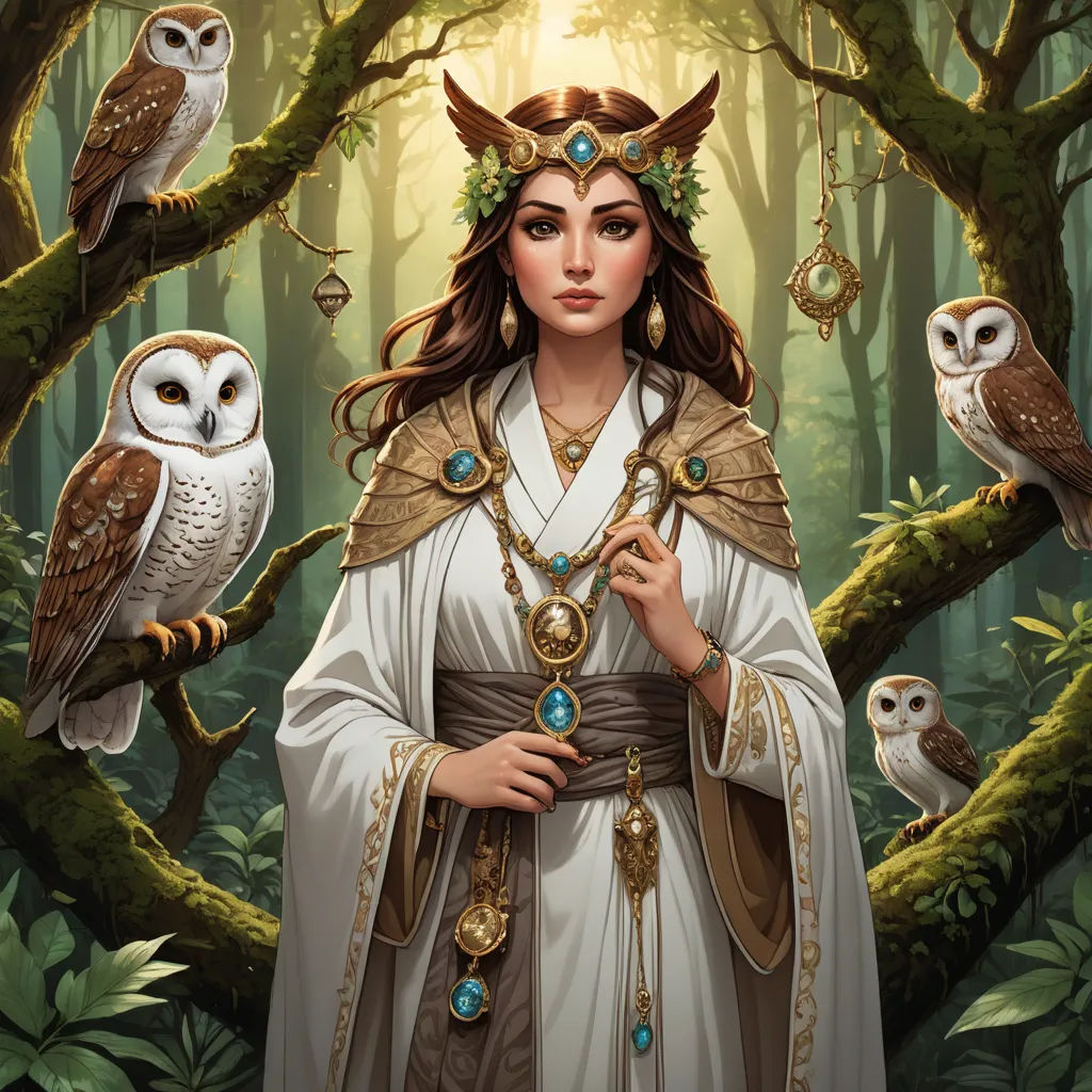 a woman in a white dress standing in a forest with owls on her shoulder and a crown on her head, fantasy art, a storybook illustration, Donato Giancola, fantasy artwork