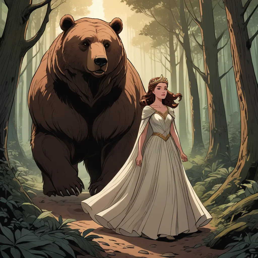 a woman in a white dress standing next to a bear in a forest with trees and leaves on the ground, fantasy art, a storybook illustration, Brom, storybook illustration