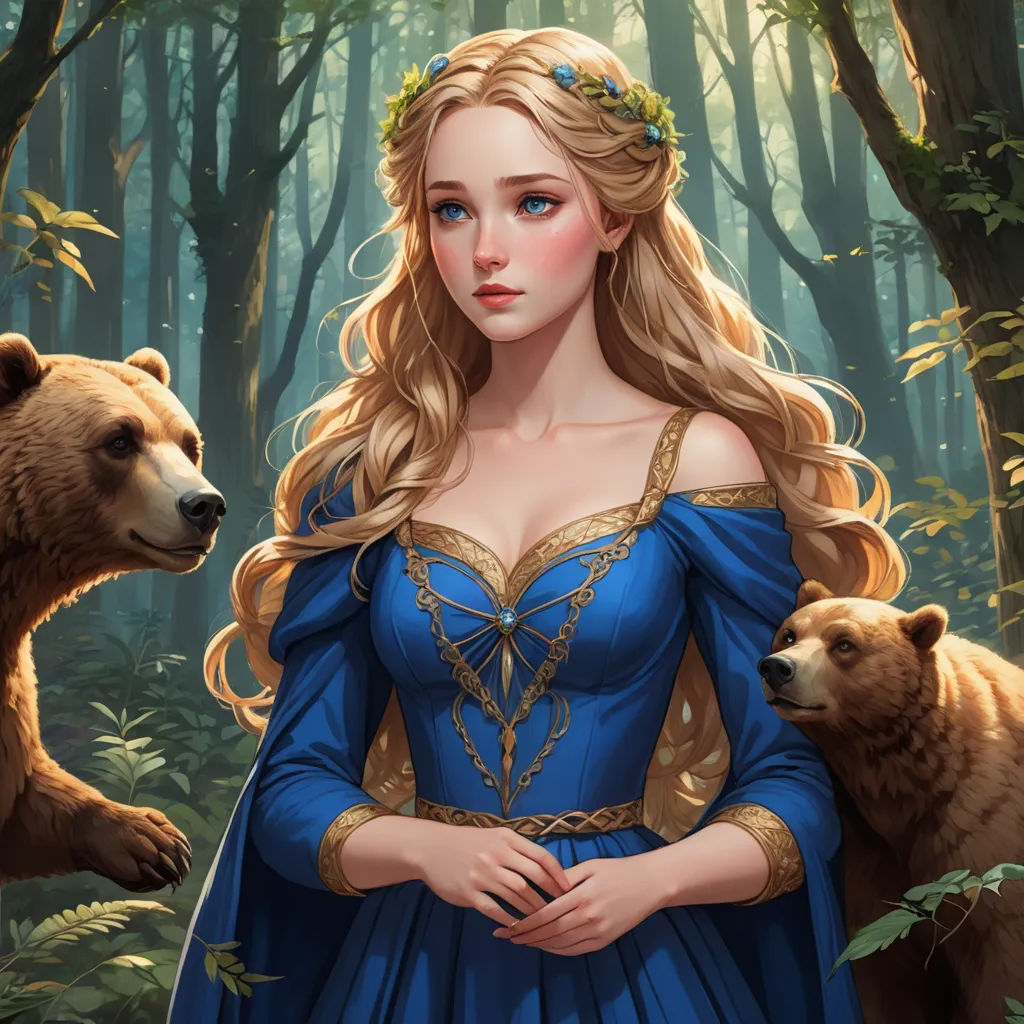 a woman in a blue dress standing next to a bear in a forest with trees and bushes behind her, fantasy art, a storybook illustration, Charlie Bowater, trending on art station