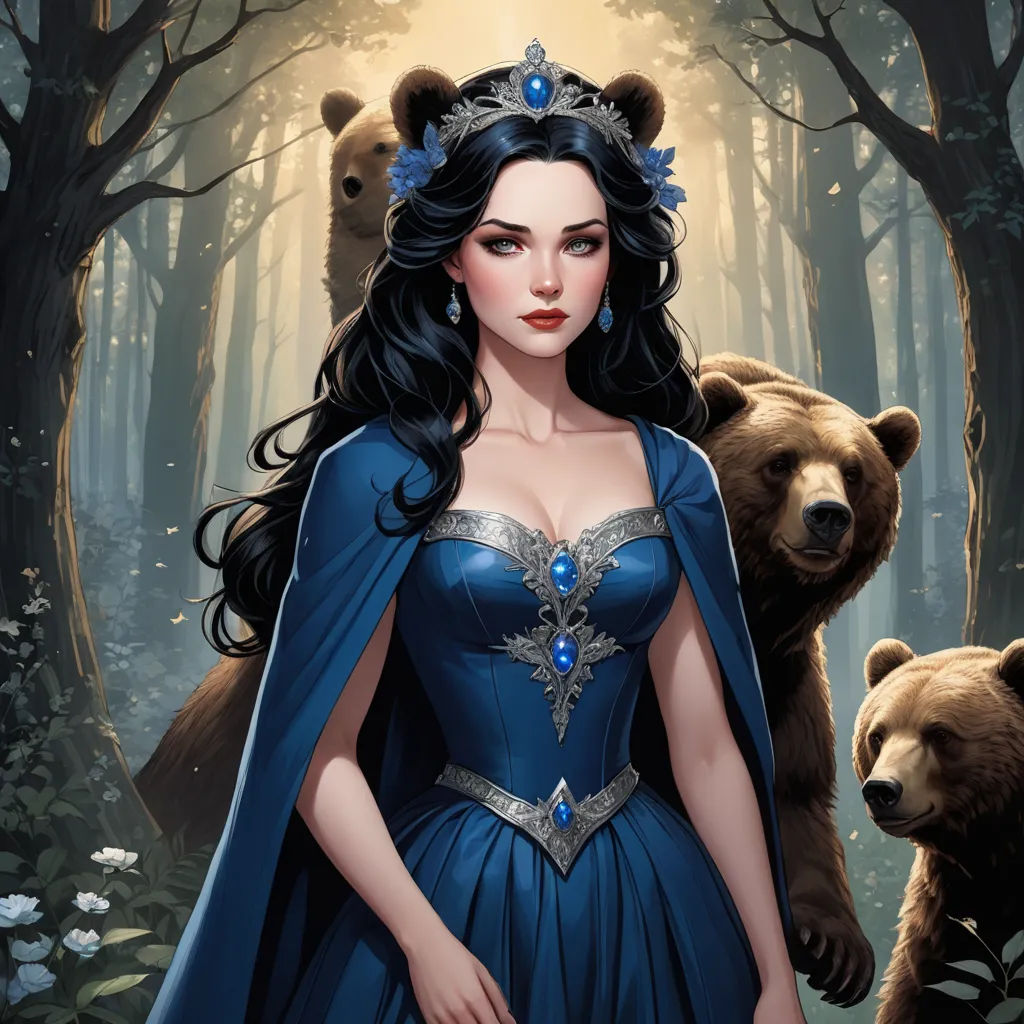 a woman in a blue dress standing in a forest with bears behind her and a bear behind her,, fantasy art, a storybook illustration, Anne Stokes, kinkade