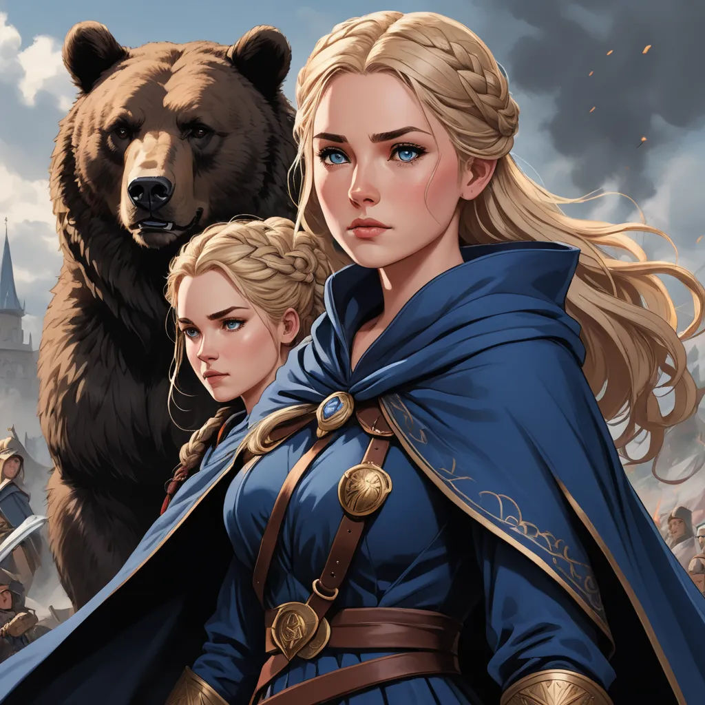 a woman in a blue dress standing next to a bear and a man in a blue cape and cape, fantasy art, a detailed painting, Artgerm, trending on artstation hq
