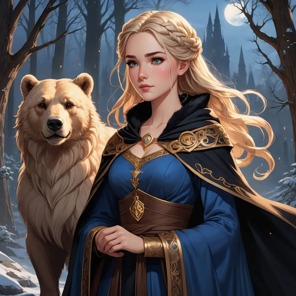 a woman in a blue dress standing next to a bear in a forest with trees and a full moon, fantasy art, a detailed painting, Charlie Bowater, epic fantasy character art