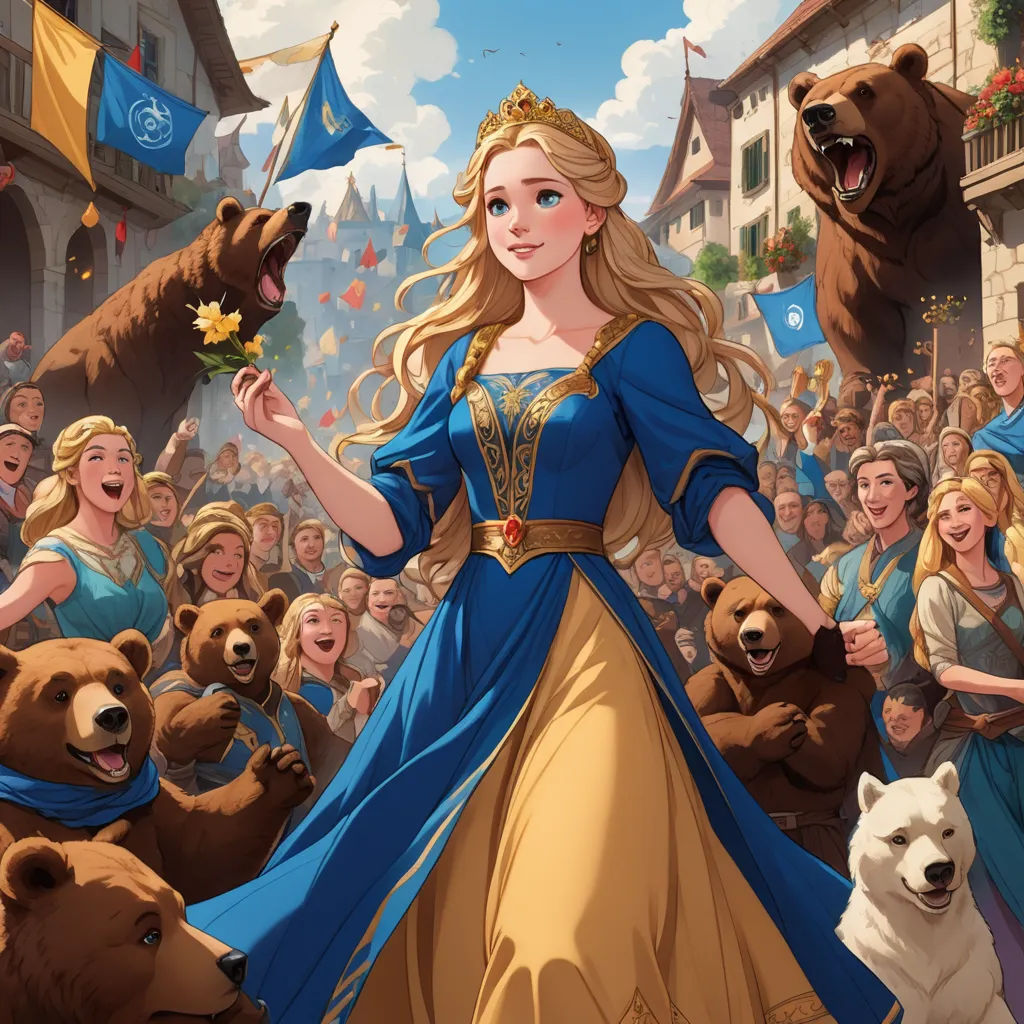 a woman in a blue dress surrounded by bears and bears in a crowd of people and bears in the background, fantasy art, a storybook illustration, disney, official art