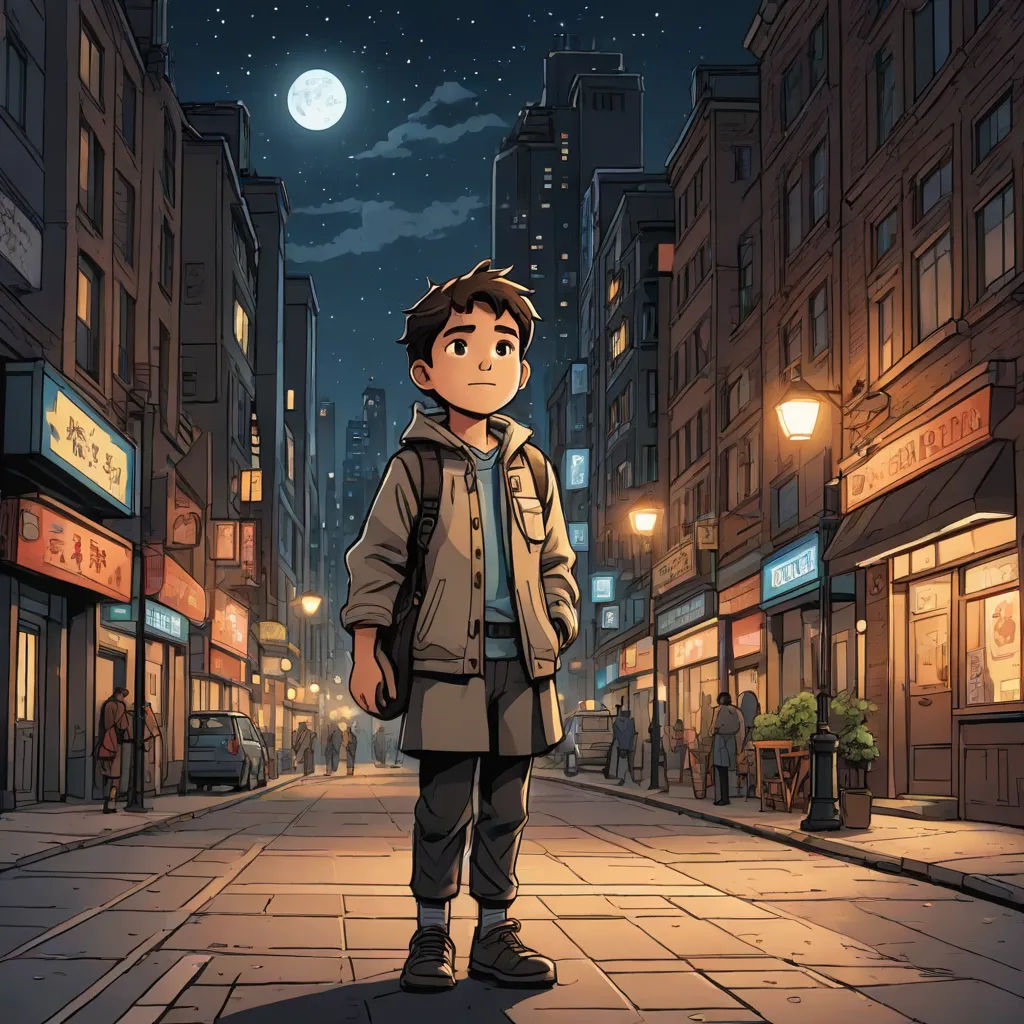 a boy standing on a city street at night with a backpack on his back and a full moon in the sky, serial art, a character portrait, Asaf Hanuka, official art