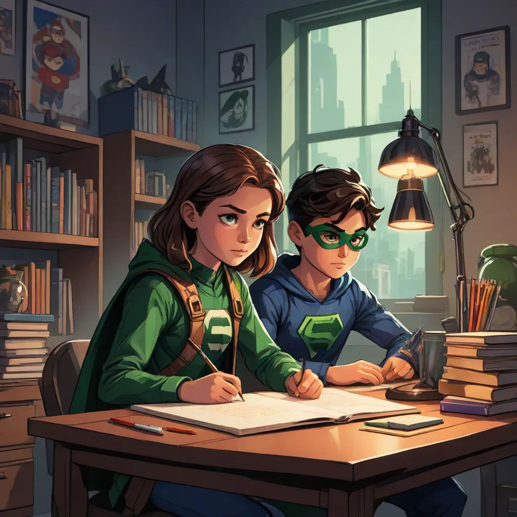 a boy and a girl sitting at a desk in front of a bookcase and a lamp with a book, sots art, a comic book panel, Artgerm, stanley artgerm lau