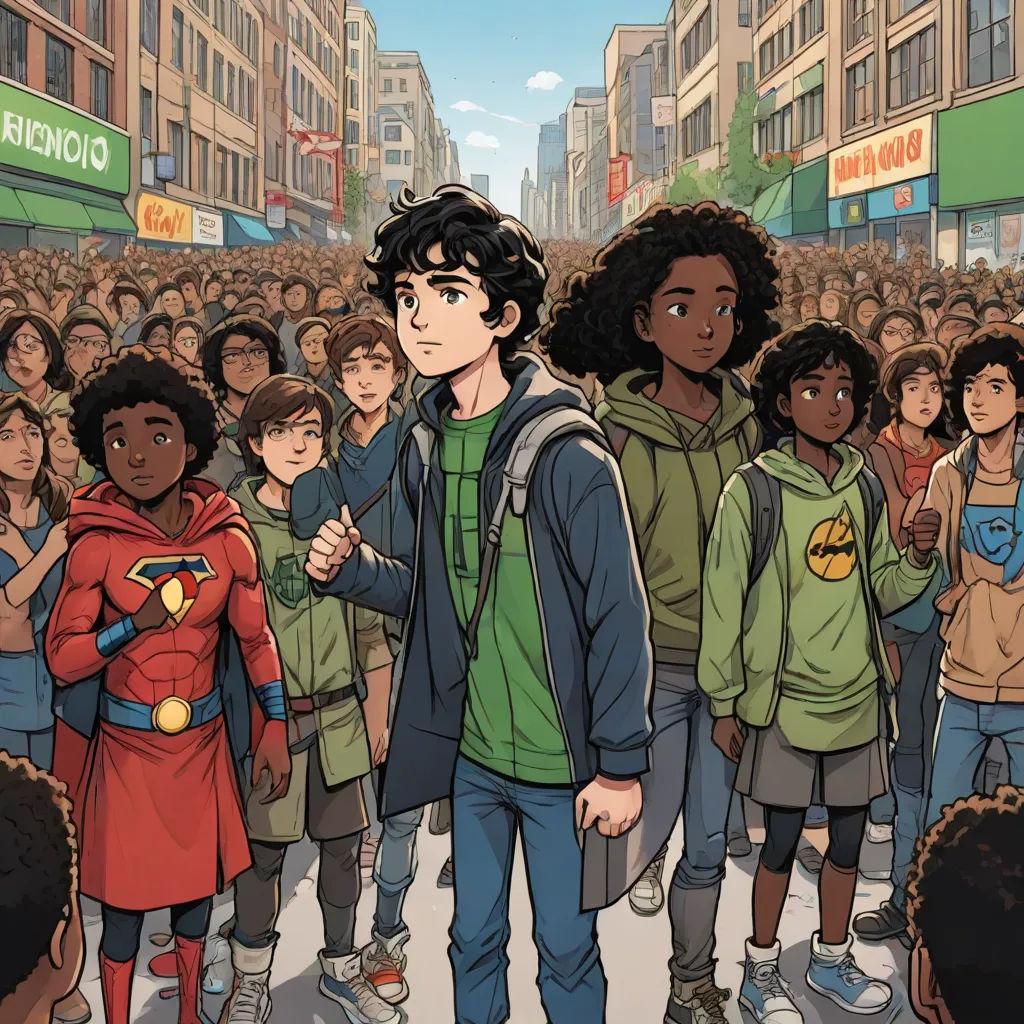 a man standing in front of a crowd of people in a city street with a superman hoodie on, harlem renaissance, a comic book panel, Altichiero, comic cover art
